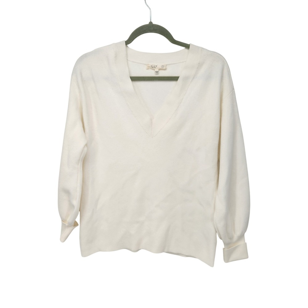 OAT New York Creamy White V-Neck Plush Ribbed Balloon Sleeve Sweater T0145-NV M